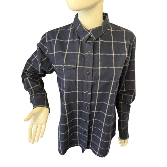 Wildfang x Bridge Burn Women Sz M Navy White Plaid Button Shirt Long Sleeve - Picture 1 of 9